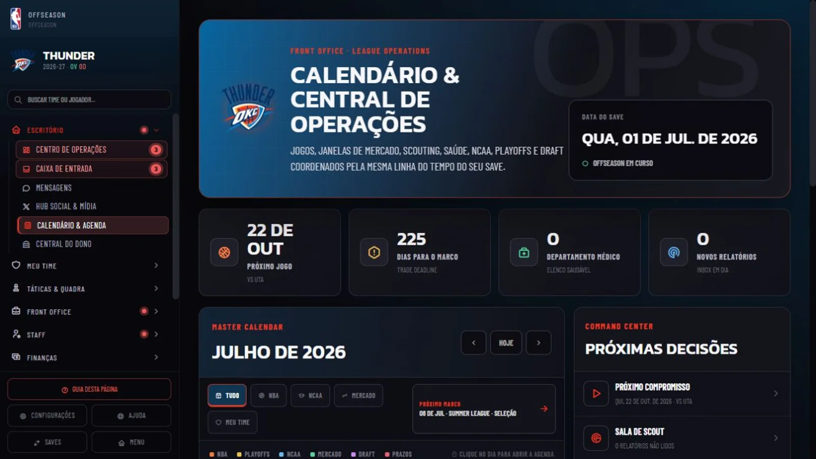 Calendário e central de operações do HoopsManager